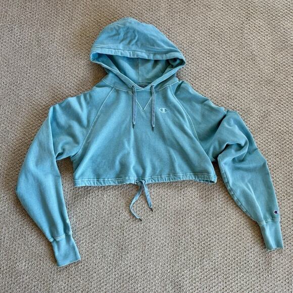 Champion Cropped Hoodie Women M Vintage Blue Reverse Weave Pullover Cinch Waist - Picture 1 of 11